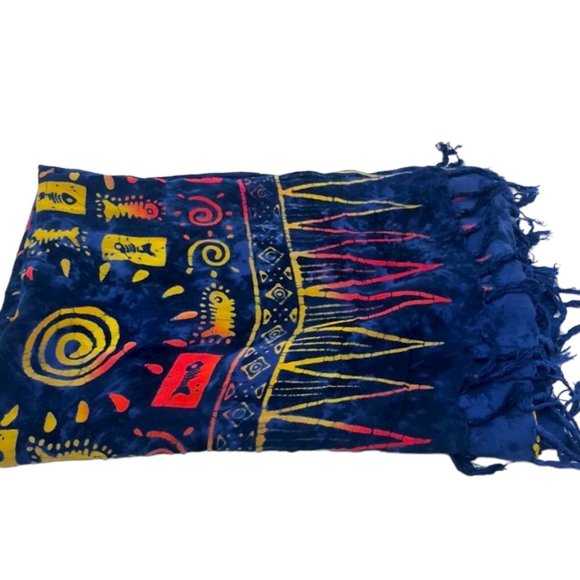 Curious Designs Blue w/ Yellow/Orange/ Hot Pink Tribal Print Sarong Wrap - Picture 4 of 5